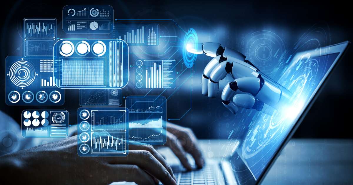 אוטומציה שיווקית - רובוט עובד על מחשב נייד עם ממשקים דיגיטליים וגרפים